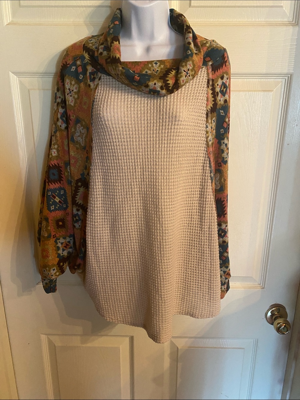 Cowl Neck Waffle Knit Sweater with Patterned Sleeves - Cream